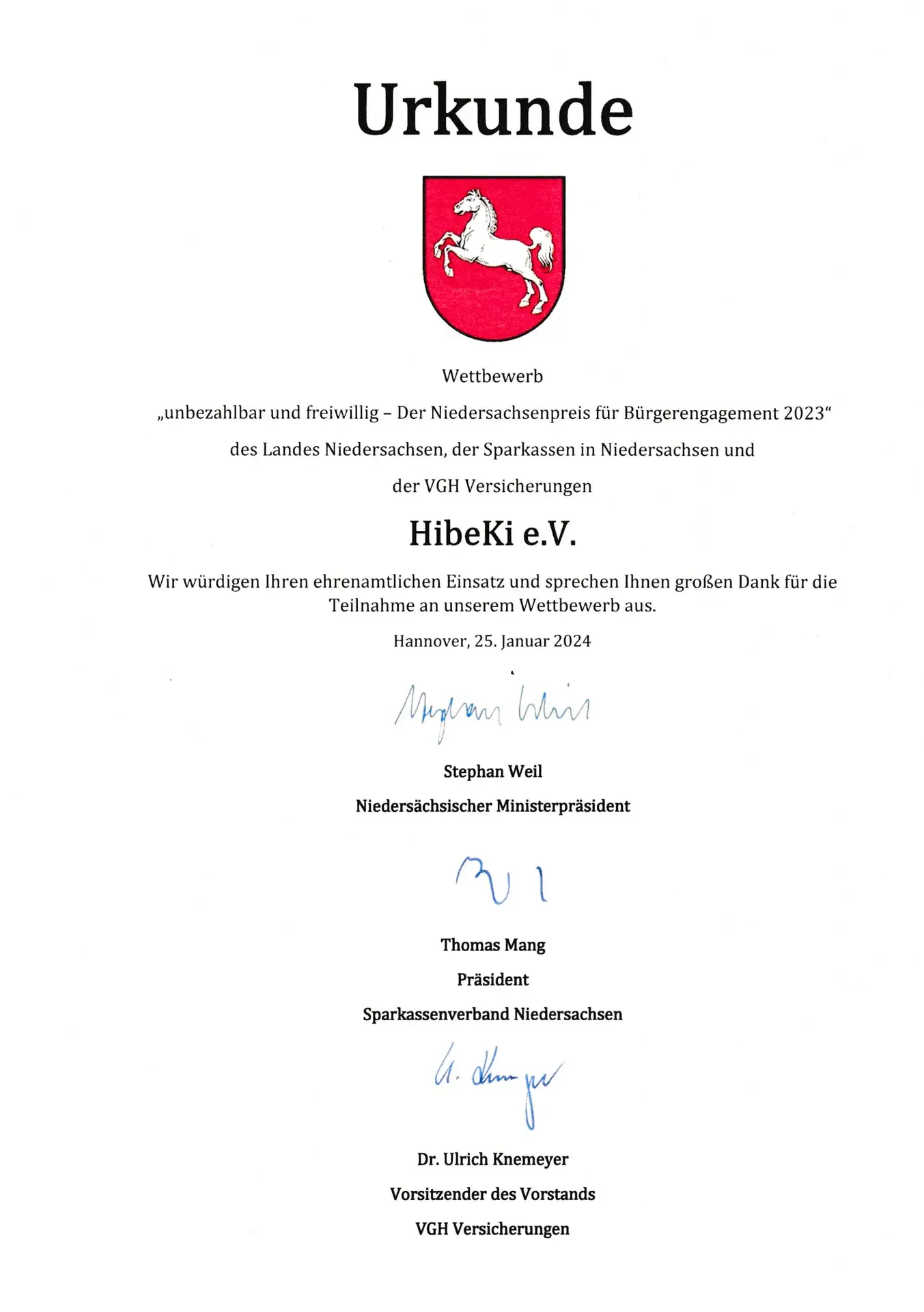 2024 für 2023 – Urkunde Stephan Weil – unbezahlbar und freiwillig